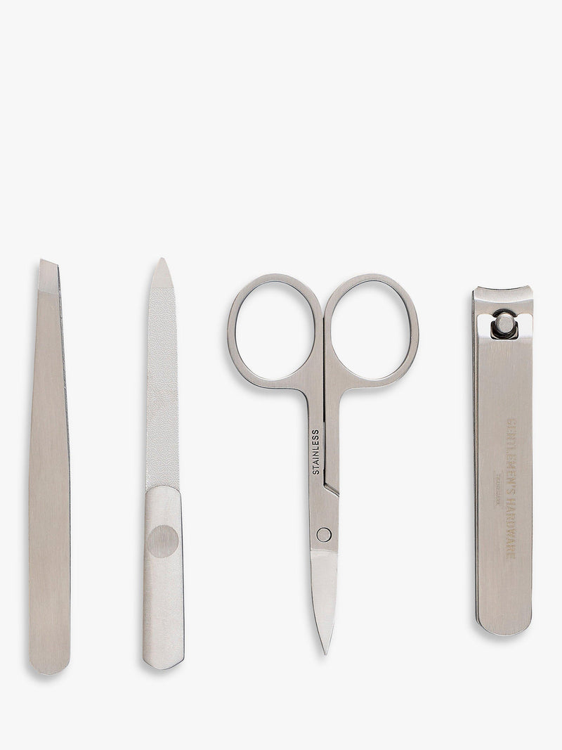 Gentlemen's Hardware manicure kit with stainless steel clippers, tweezers, and scissors in a zipped fabric case, UK version