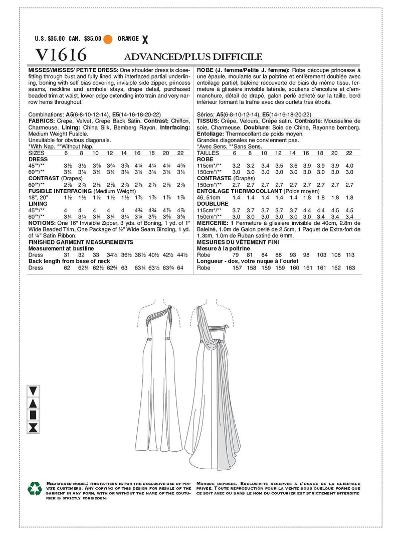 Vogue women's gown sewing pattern 1616 (British brand)