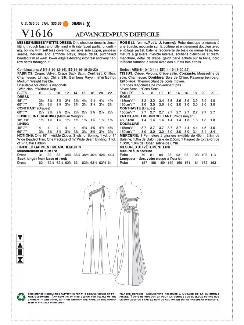 Vogue women's gown sewing pattern 1616 (British brand)