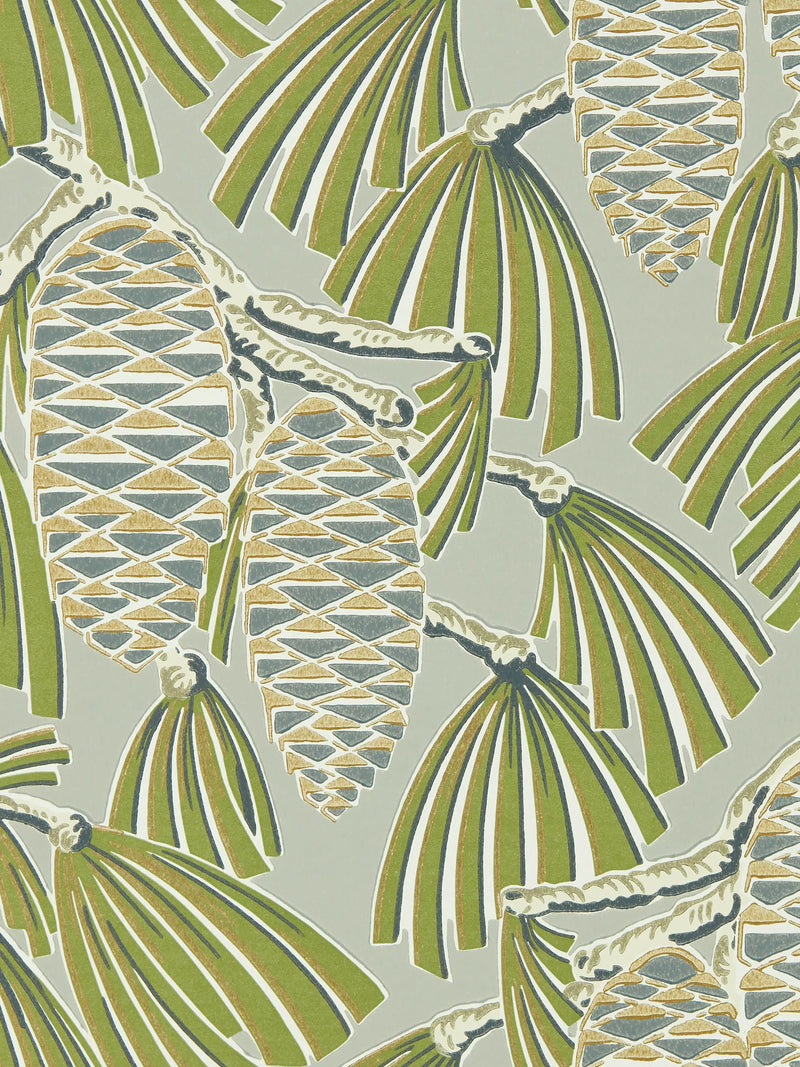 Harlequin Foxley wallpaper with pine cones and leaves, UK version