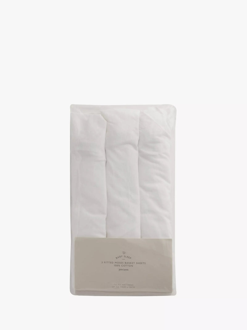 John Lewis fitted moses basket sheet pack of 3 28x74cm (British brand)