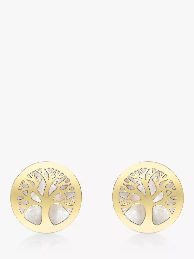 IBB 9ct gold mother of pearl tree of life stud earrings 0.8cm, UK version