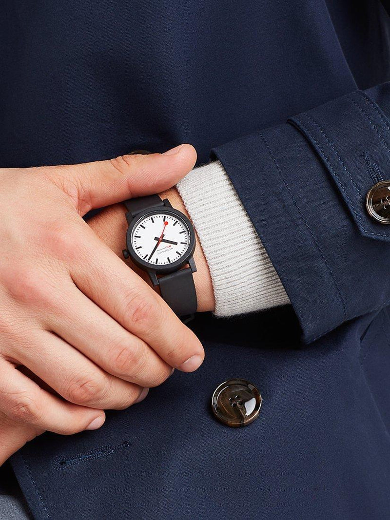Mondaine Essence 32mm black rubber watch, imported from the UK