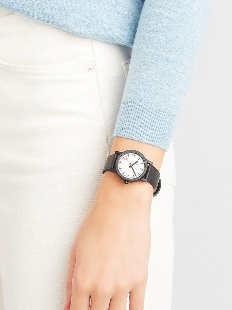 Mondaine Essence 32mm black rubber watch, imported from the UK