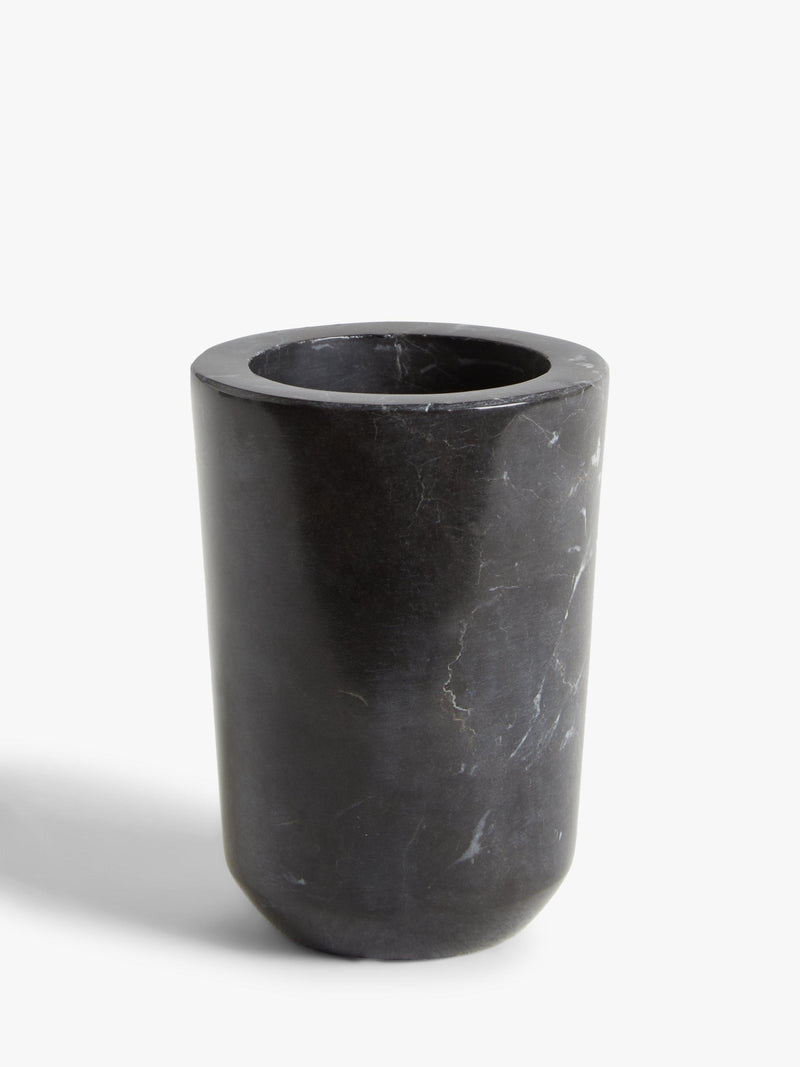 Black marble bathroom tumbler with fine grain and white veins, UK version