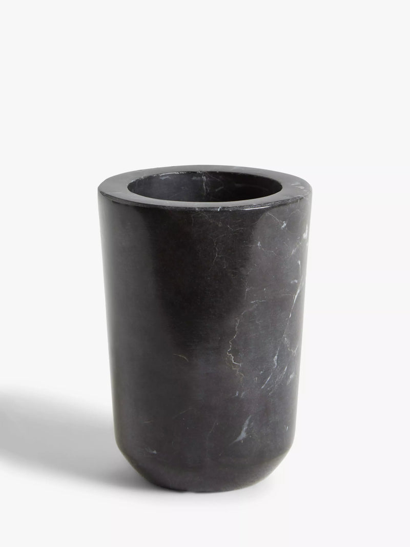 Black marble bathroom tumbler with fine grain and white veins, UK version