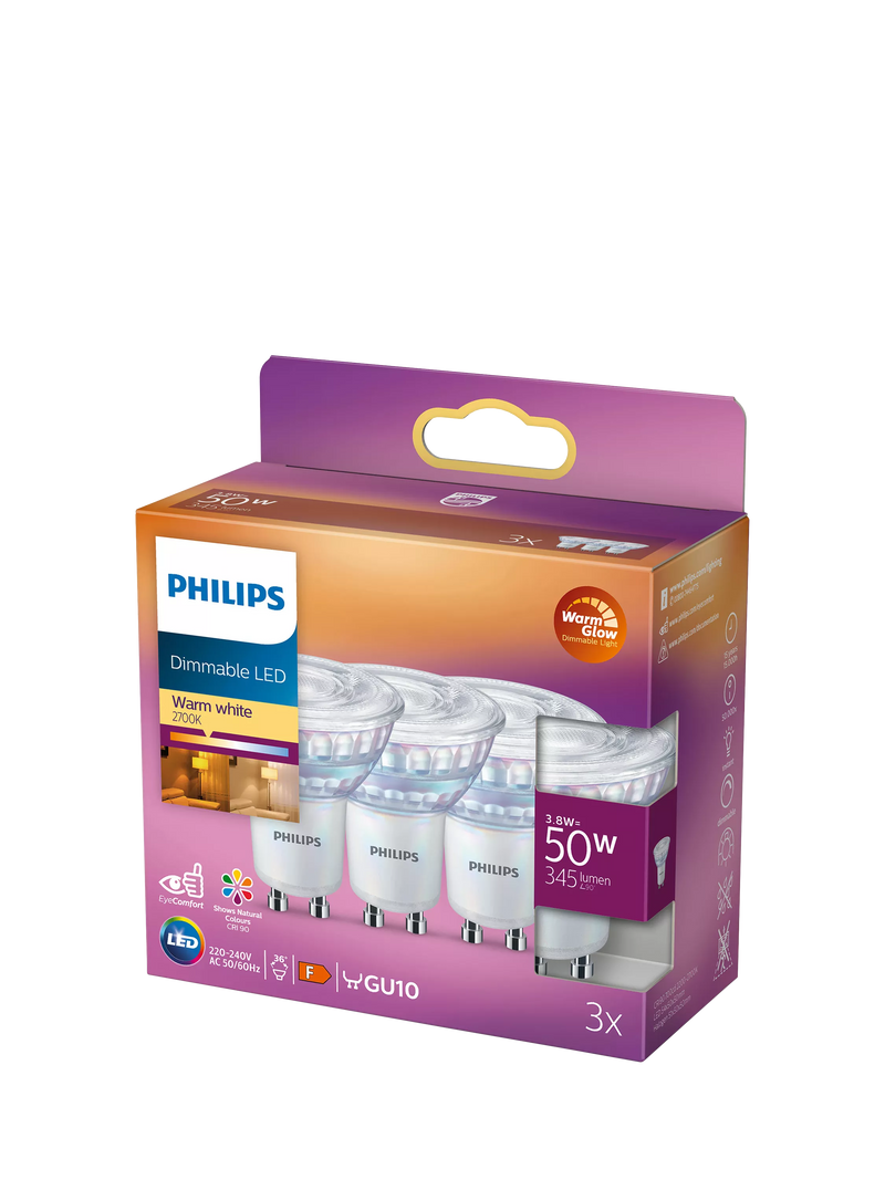 Philips LED spotlight bulb dimmable warm white pack of 3, UK version