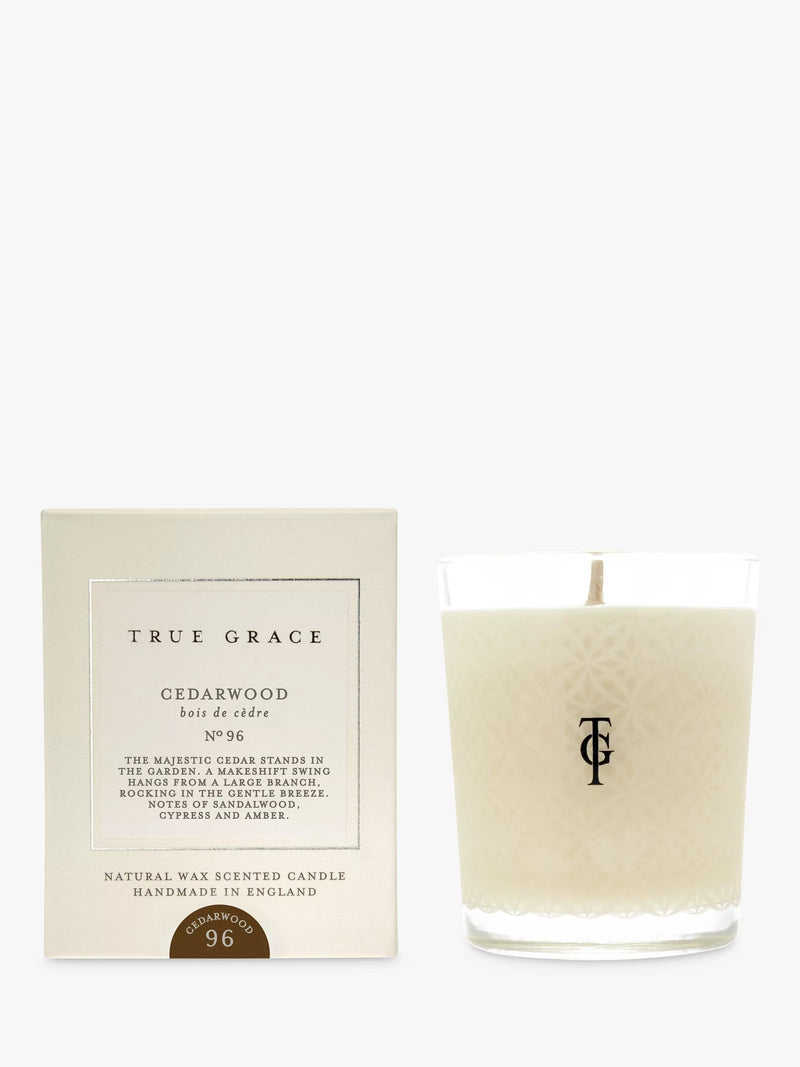 True Grace cedarwood scented candle 190g, imported from the UK