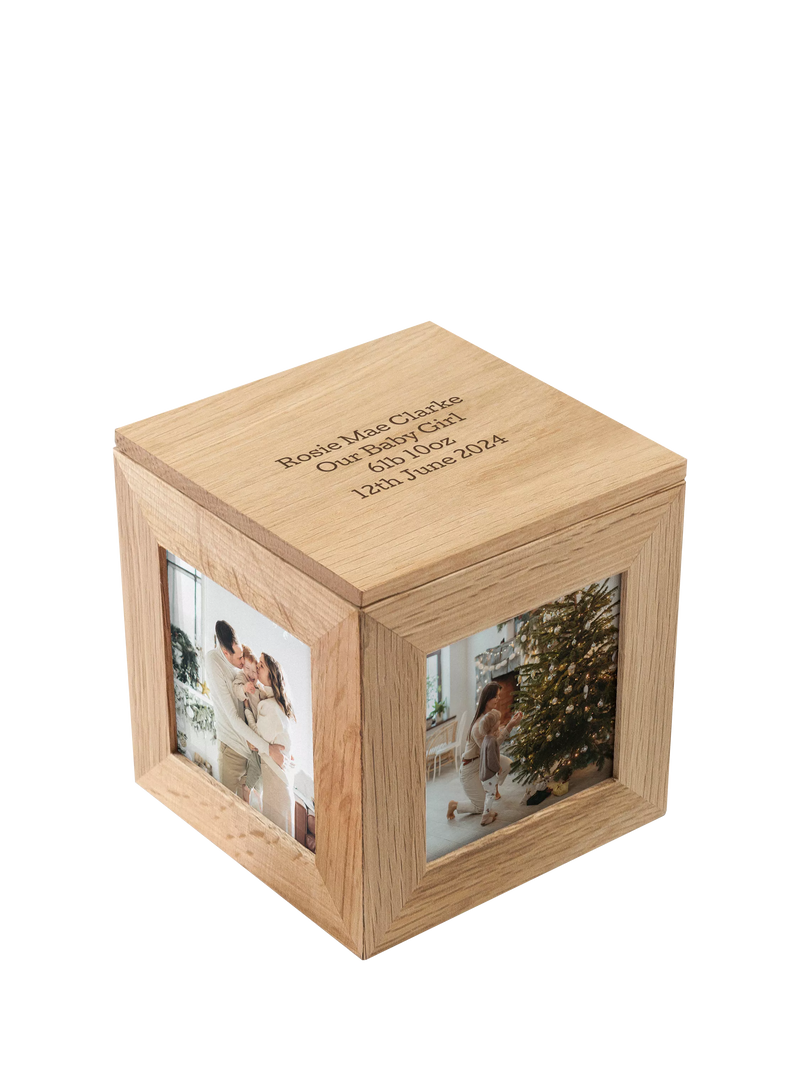 Treat Republic personalised photo cube keepsake box in sandy oak wood (British brand)