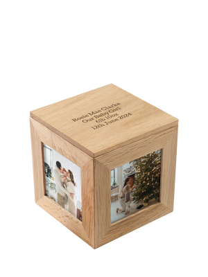 Personalised Photo Cube Keepsake Box for Photos, Sandy Oak Wood