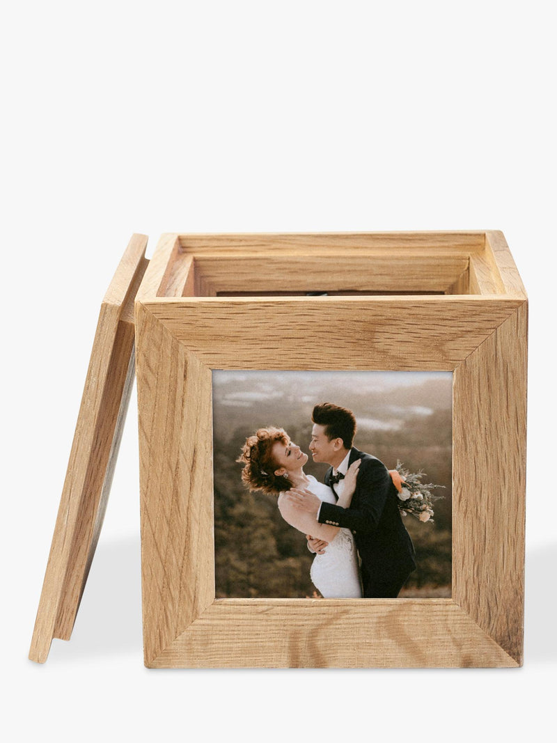Treat Republic personalised photo cube keepsake box in sandy oak wood (British brand)
