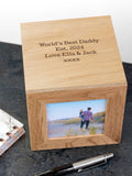 Treat Republic personalised photo cube keepsake box in sandy oak wood (British brand)