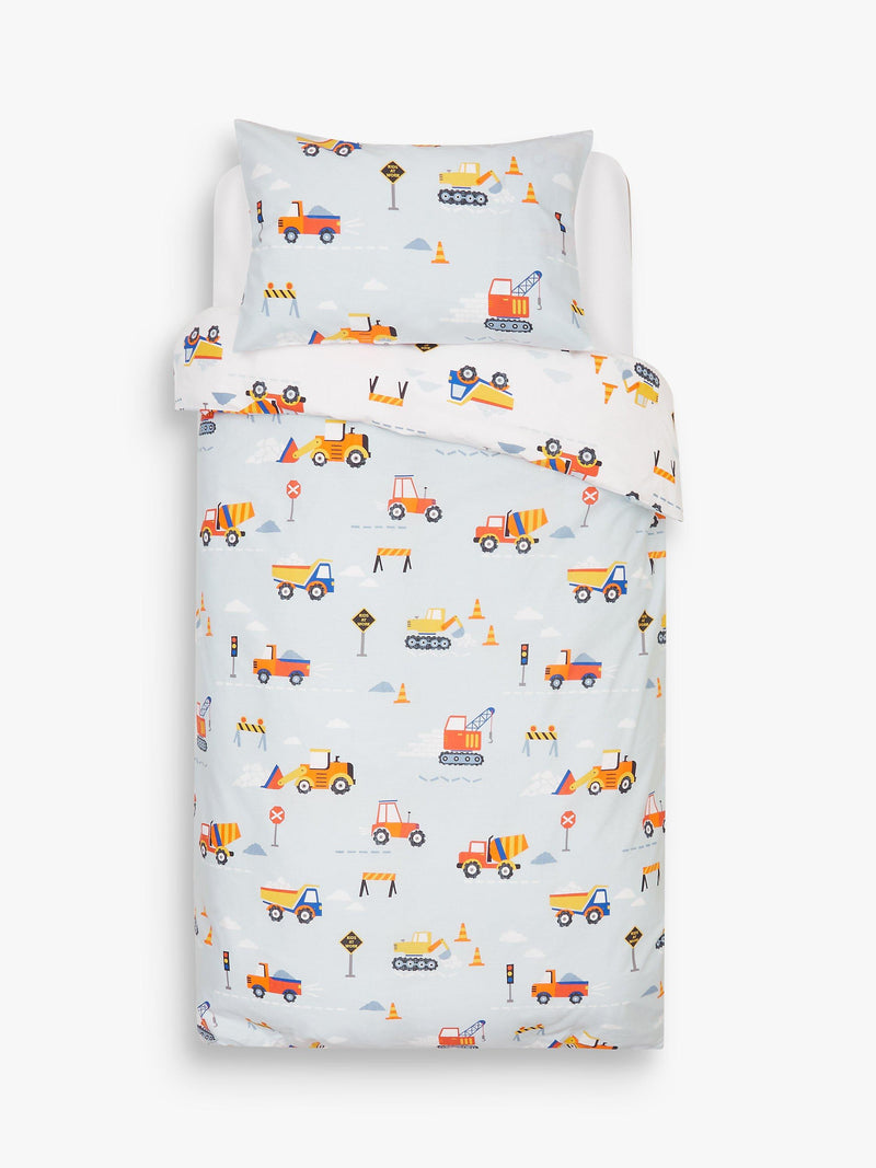 John Lewis reversible pure cotton duvet cover and pillowcase set, single, construction pattern, multi, UK version