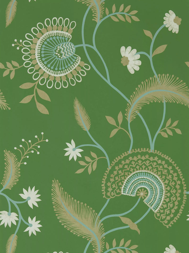 Sanderson Hakimi wallpaper with stylised pods, flowers, and leaves design (British brand)