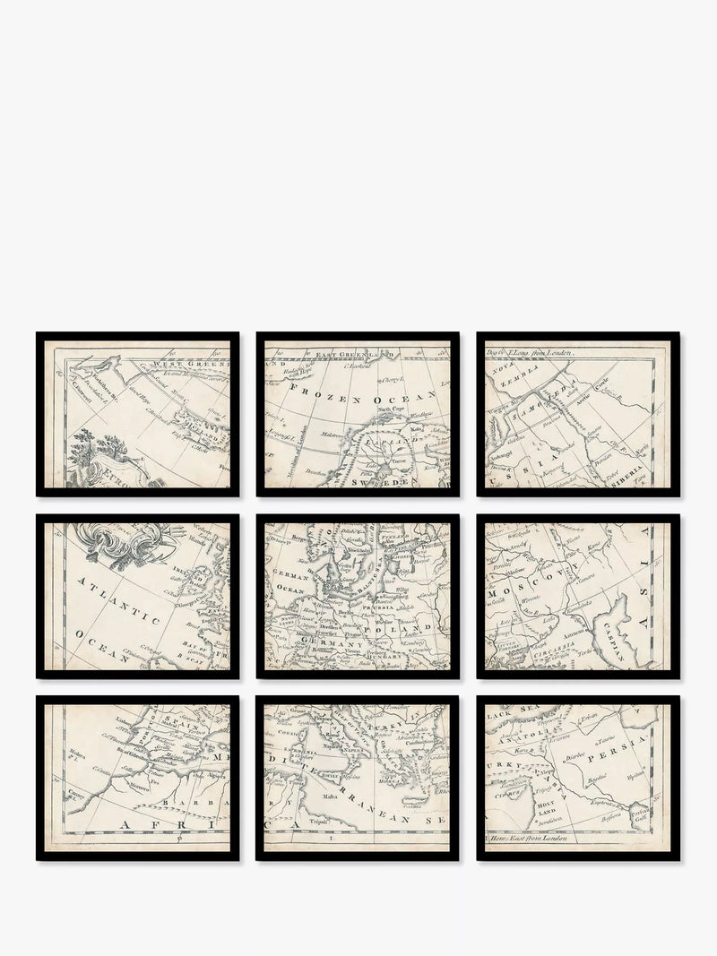 John Lewis vintage map of Europe framed print set 9 piece, imported from the UK