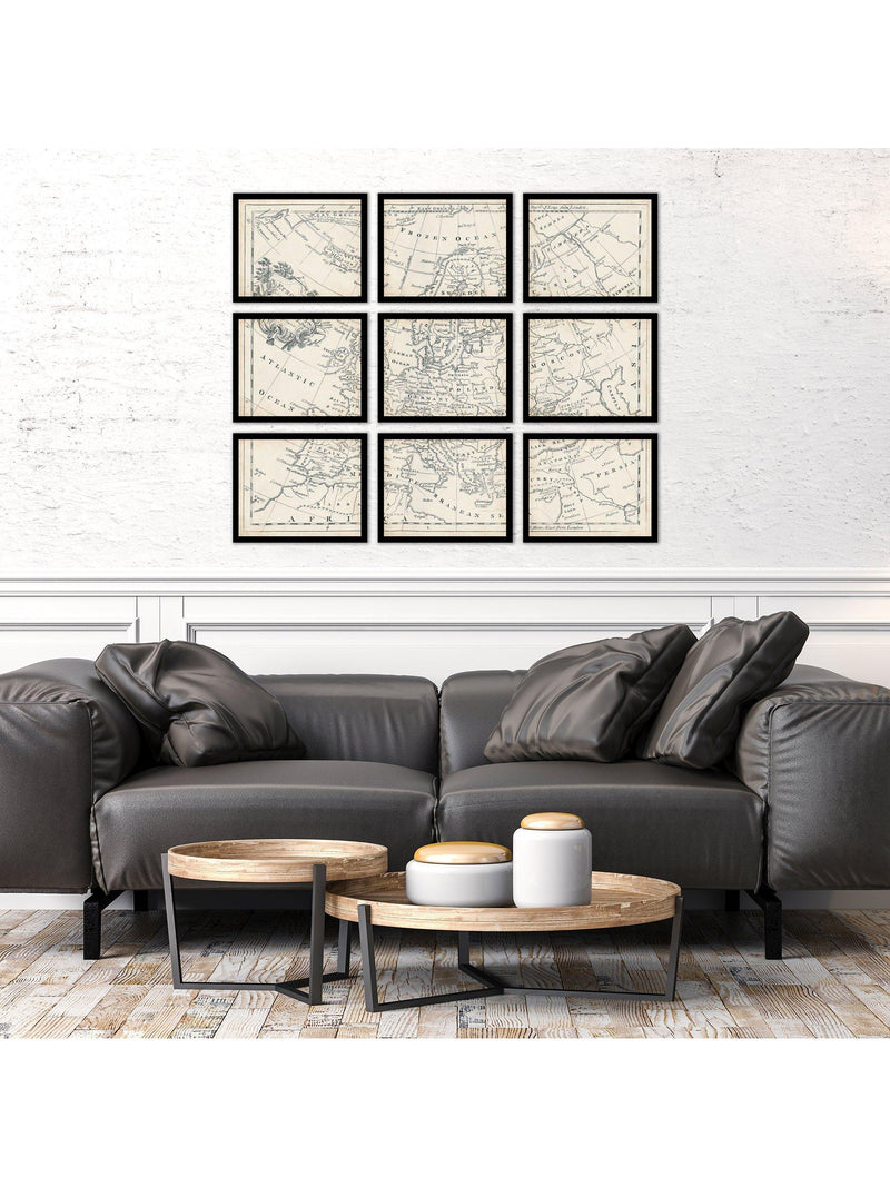 John Lewis vintage map of Europe framed print set 9 piece, imported from the UK