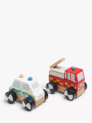 Wooden Police and Fire Truck Toy Set