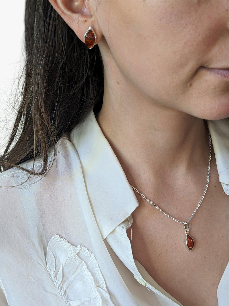 Be-Jewelled marquise Baltic amber stud earrings, imported from the UK
