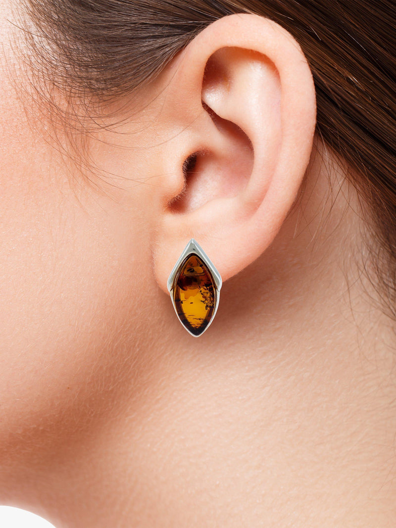 Be-Jewelled marquise Baltic amber stud earrings, imported from the UK
