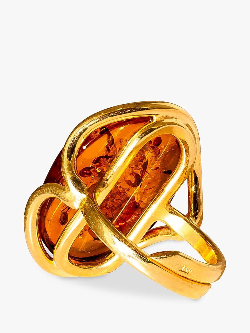 Be-Jewelled oval Baltic amber adjustable ring, gold plated sterling silver, UK version