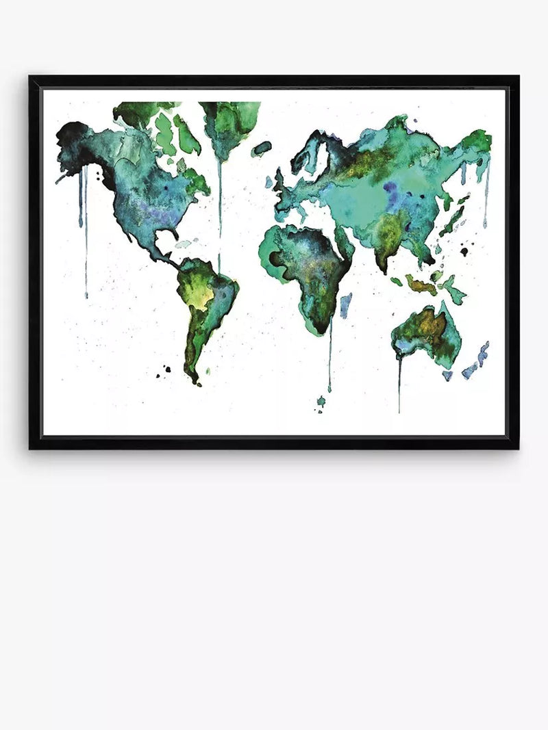 Brookpace Lascelles abstract world map framed print in green and blue, 81x101.5cm, imported from the UK