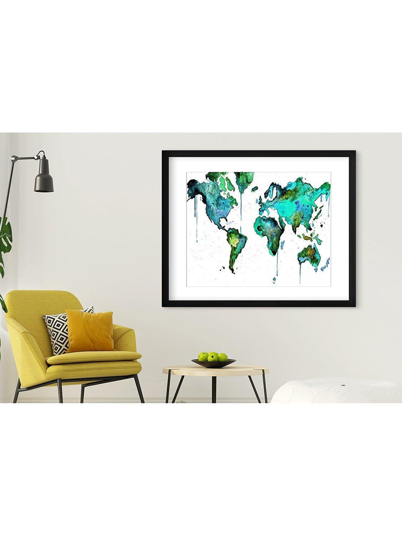 Brookpace Lascelles abstract world map framed print in green and blue, 81x101.5cm, imported from the UK