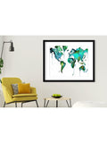 Brookpace Lascelles abstract world map framed print in green and blue, 81x101.5cm, imported from the UK