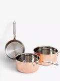 John Lewis copper tri-ply saucepan set 3 piece, imported from the UK