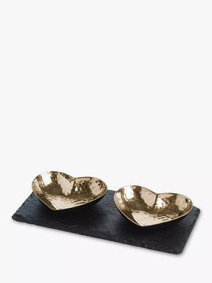 Slate Serving Board with Heart-Shaped Hammered Metal Bowls Set, Black/Gold