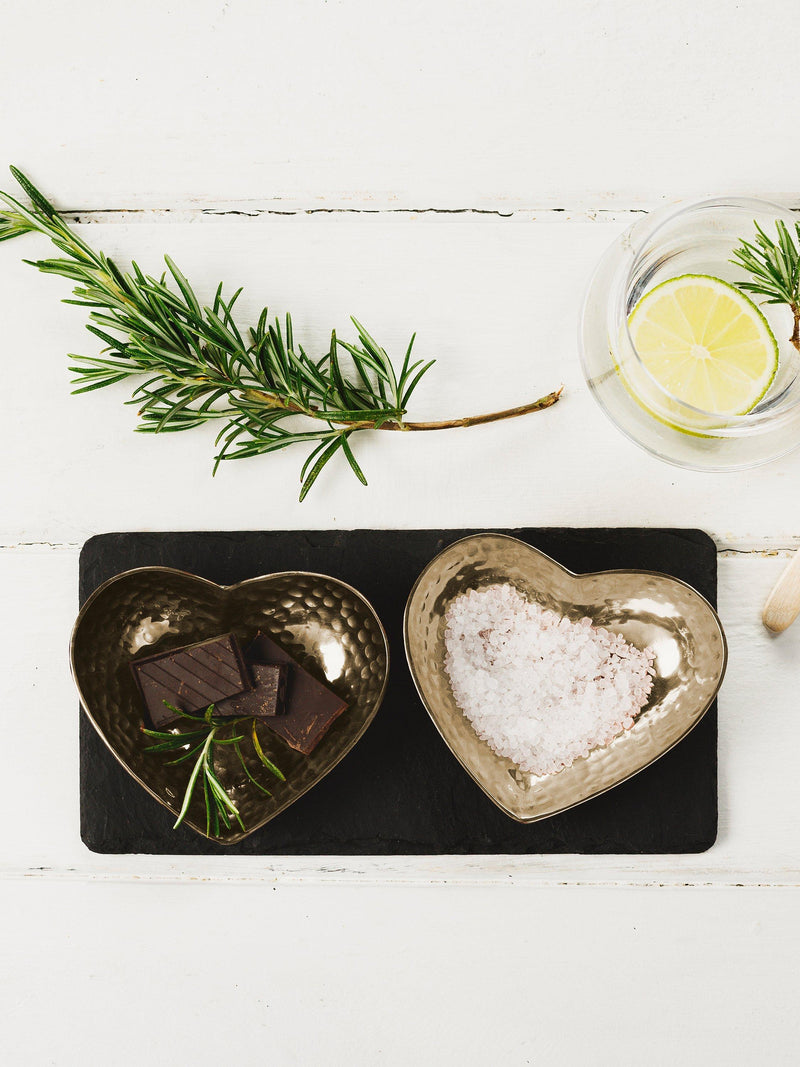 Selbrae House black and gold slate serving board with heart-shaped bowls set, British brand