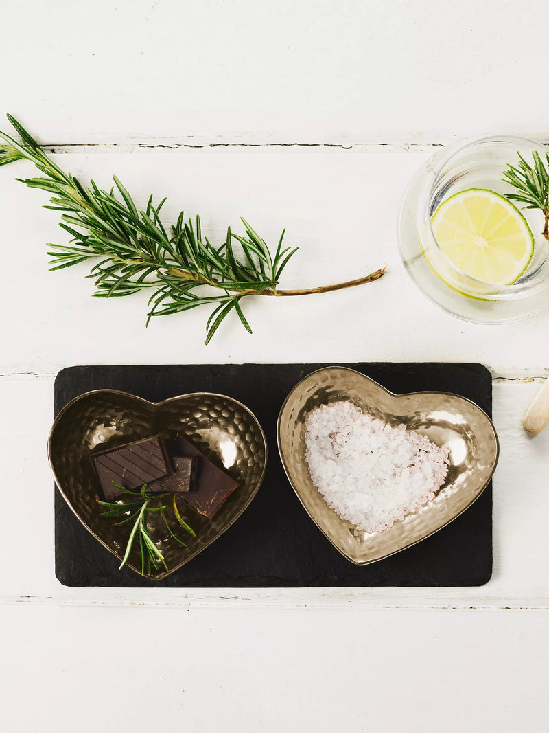 Selbrae House black and gold slate serving board with heart-shaped bowls set, British brand