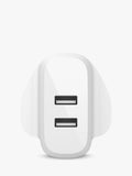 Belkin white dual USB wall charger, imported from the UK
