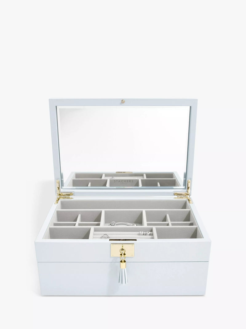 Stackers blue leather jewellery box with mirror - British product