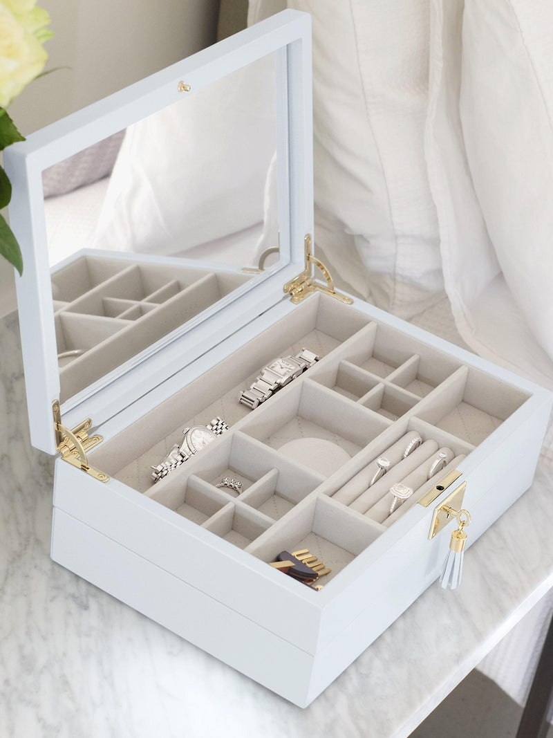 Stackers blue leather jewellery box with mirror - British product