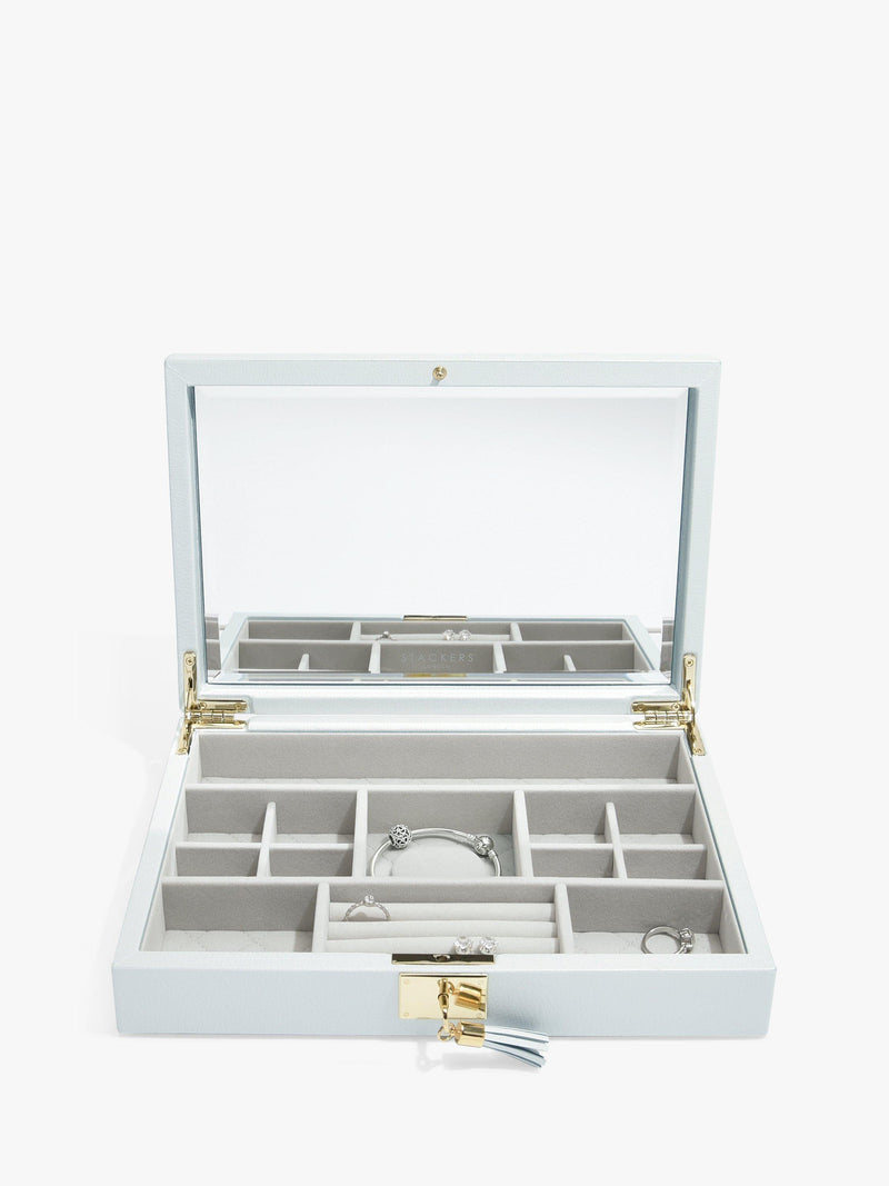 Stackers blue leather jewellery box with mirror - British product