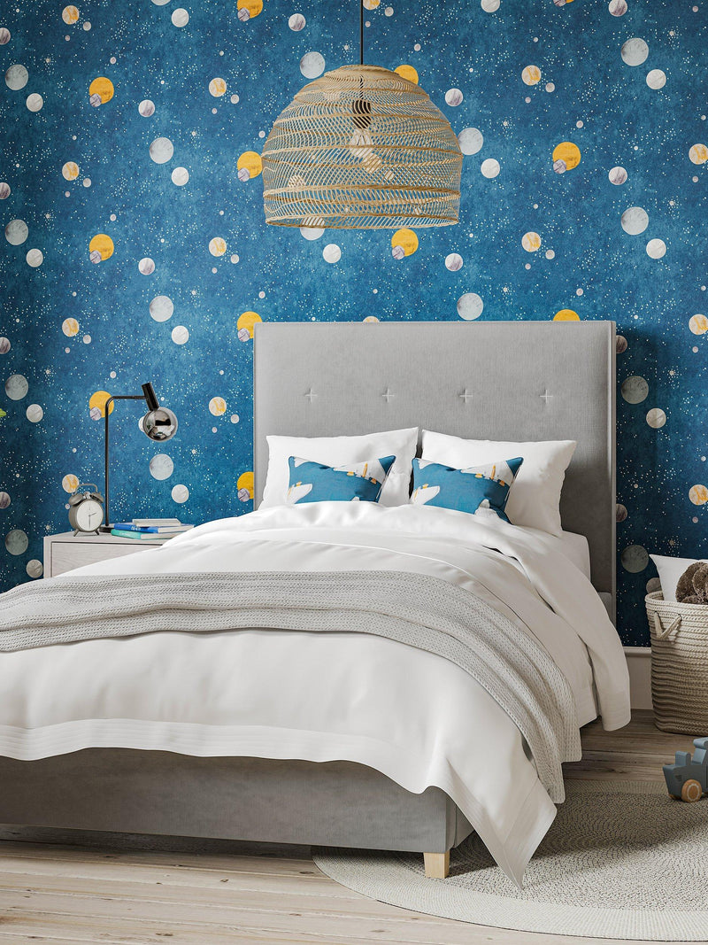 Harlequin space-themed wallpaper with planets and stars, UK version