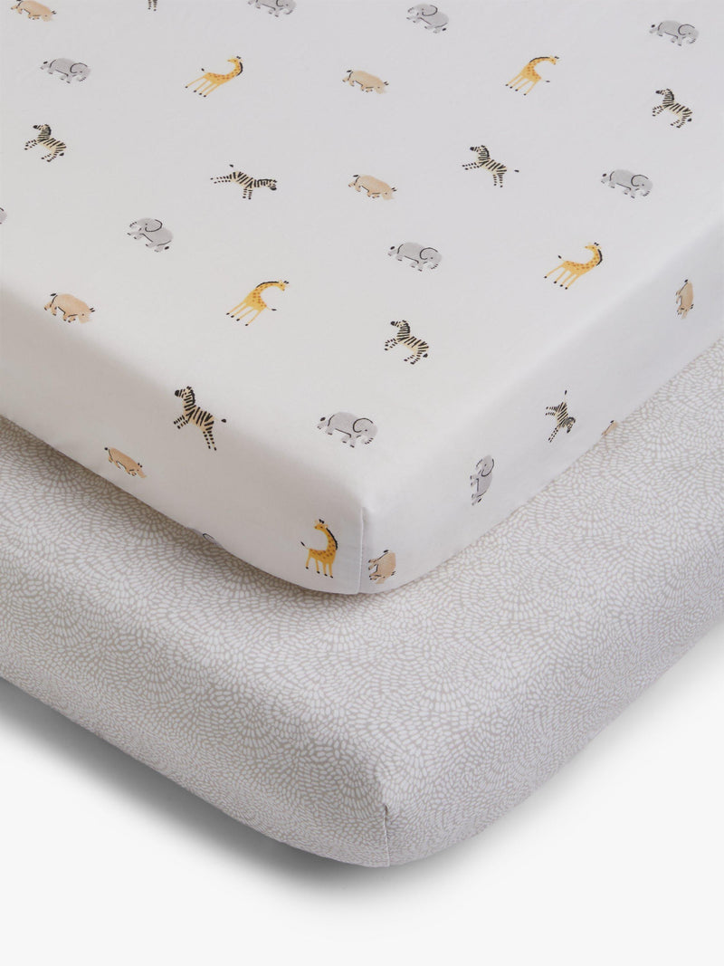John Lewis fitted cotbed sheet set with animal print, 70x140cm, pack of 2, UK version