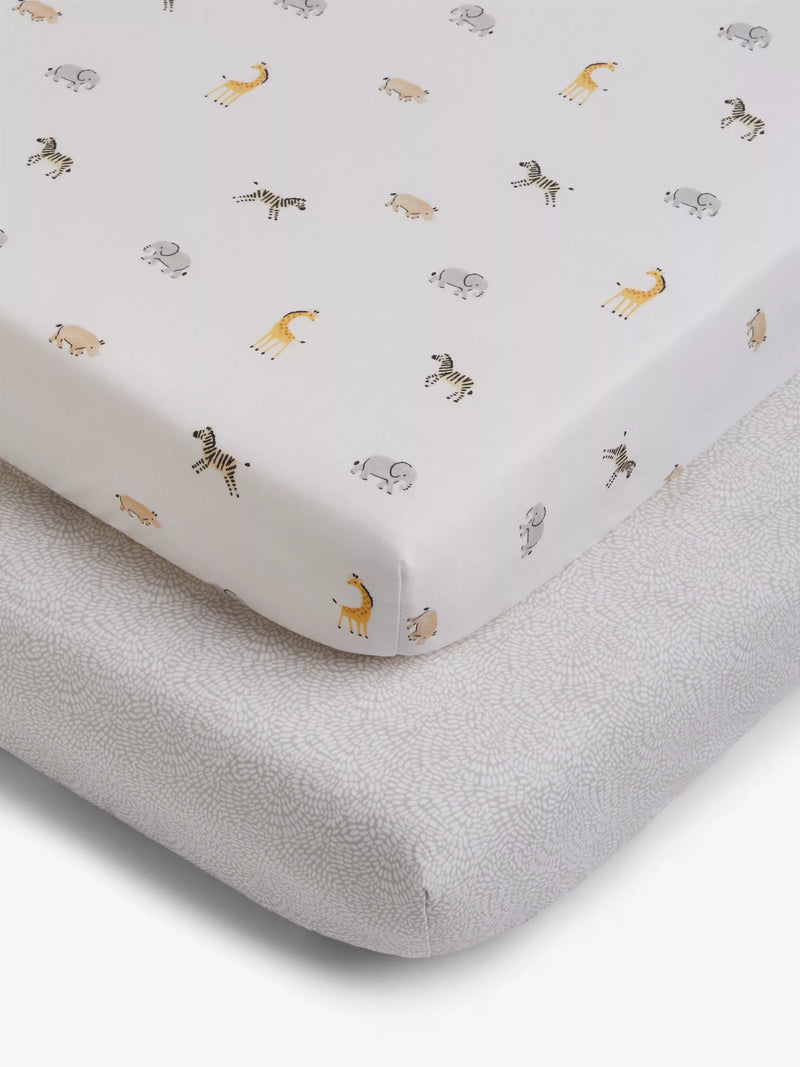 John Lewis fitted cotbed sheet set with animal print, 70x140cm, pack of 2, UK version