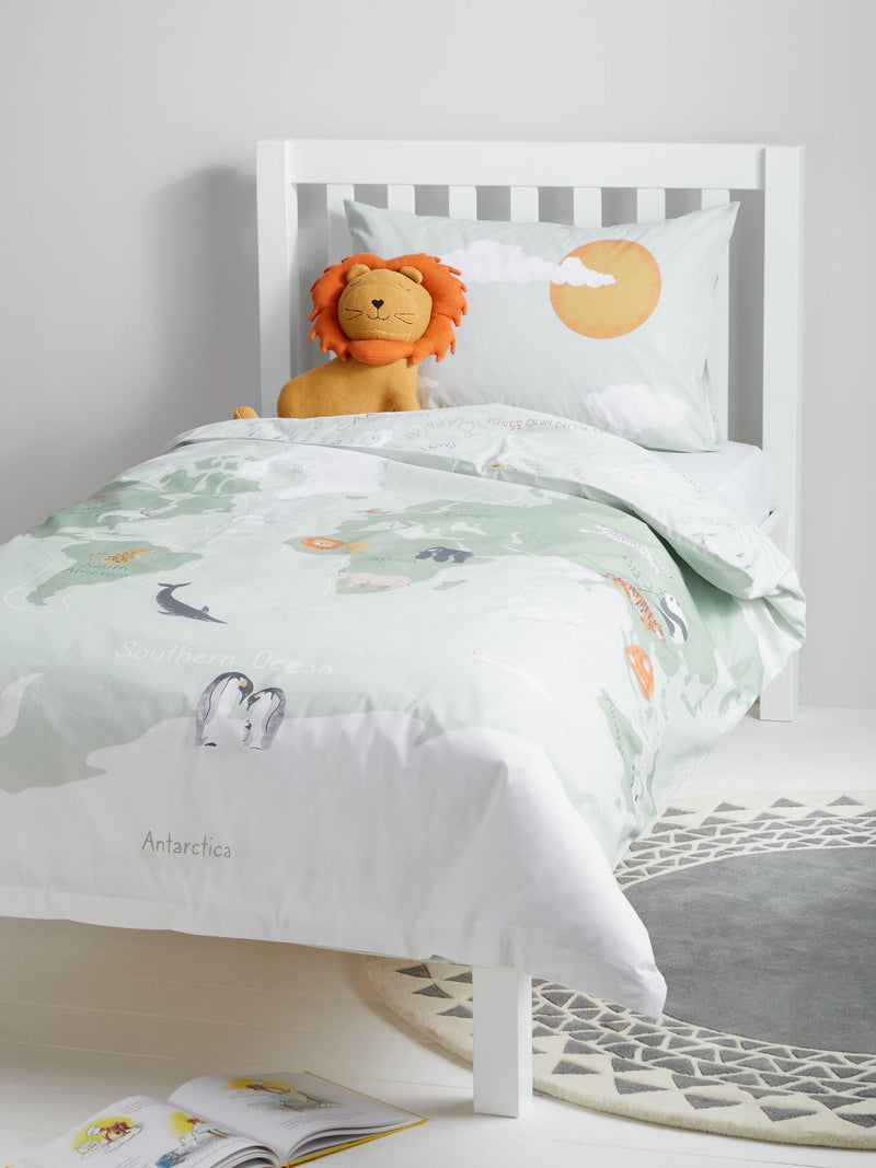 John Lewis reversible world map pure cotton duvet cover and pillowcase set, single, green, UK version
