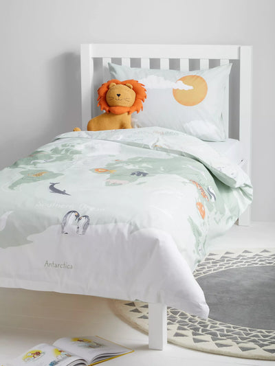 John Lewis Reversible World Map Pure Cotton Duvet Cover and Pillowcase Set, Single, Green- Buy online at McGrocer