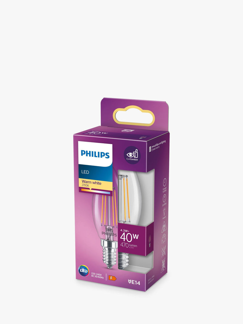 Philips LED candle bulb 4.3W E14 clear - British product