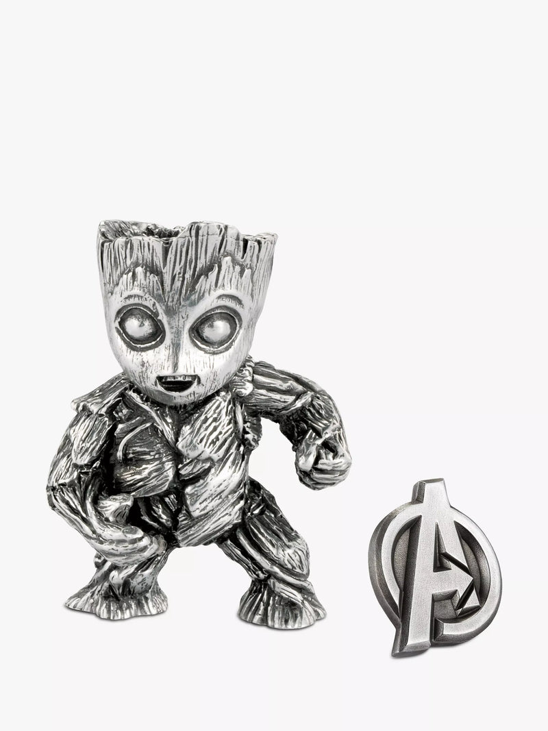Royal Selangor Mini Groot figurine and Avengers lapel pin set - British product