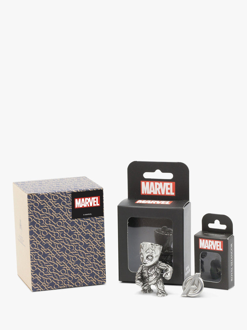 Royal Selangor Mini Groot figurine and Avengers lapel pin set - British product