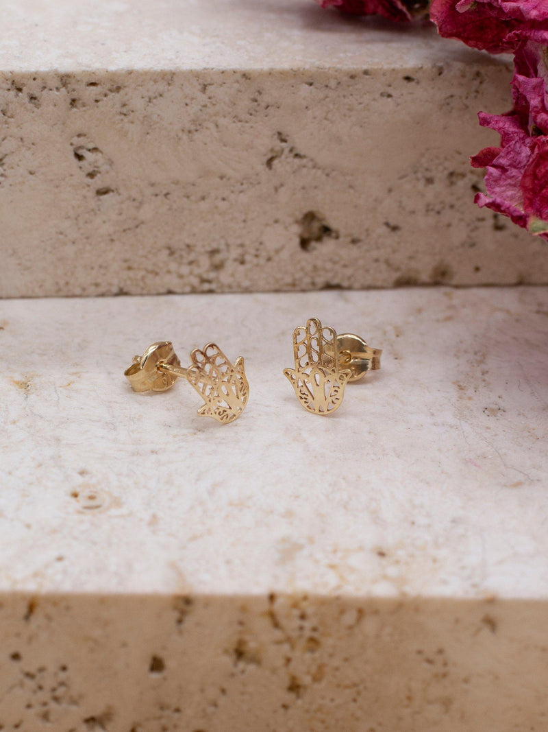 IBB filigree Hamsa hand stud earrings 9ct gold (British brand)
