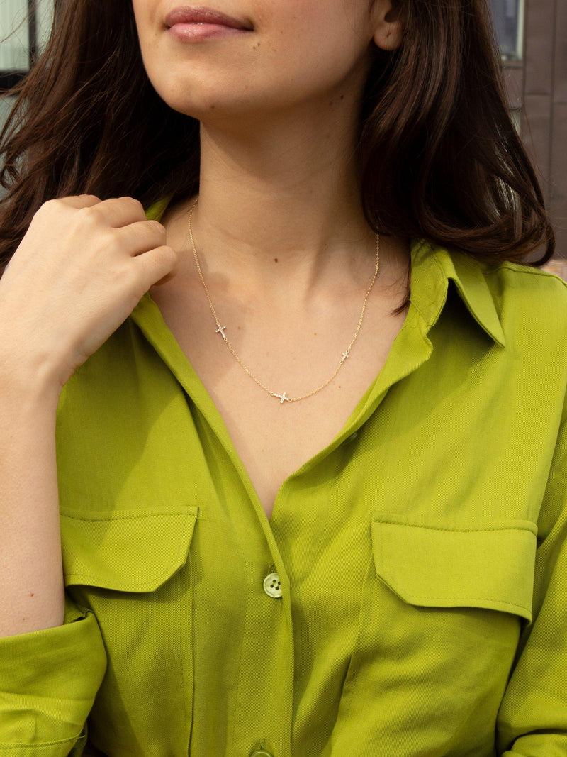 IBB 9ct gold cubic zirconia triple cross chain necklace - British product