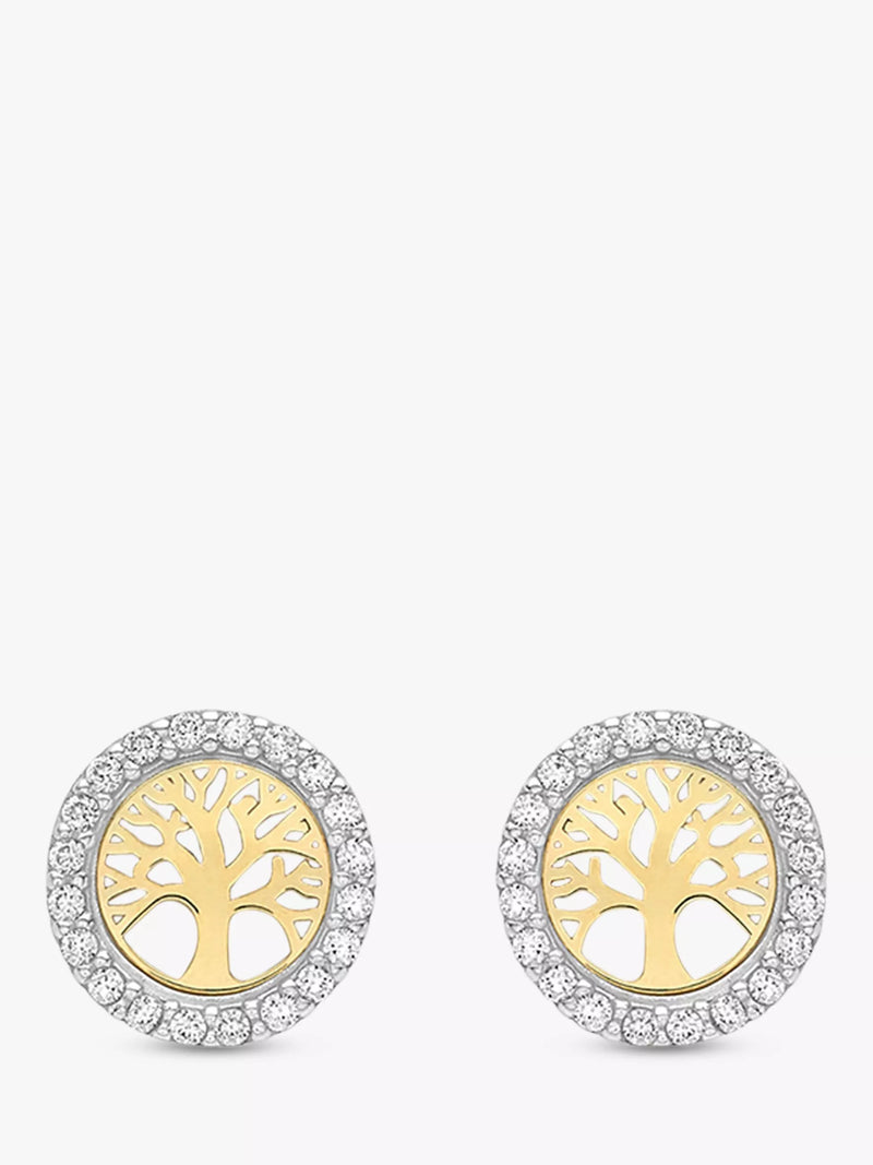 IBB gold stud earrings life tree cubic zirconia, imported from the UK