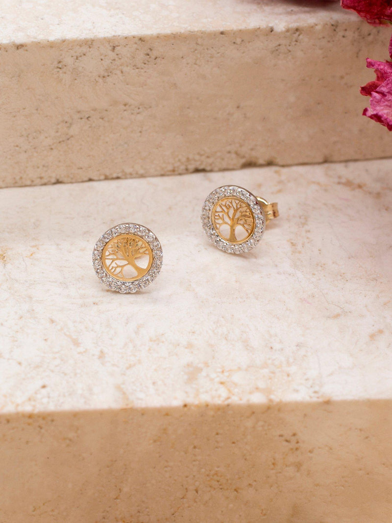 IBB gold stud earrings life tree cubic zirconia, imported from the UK