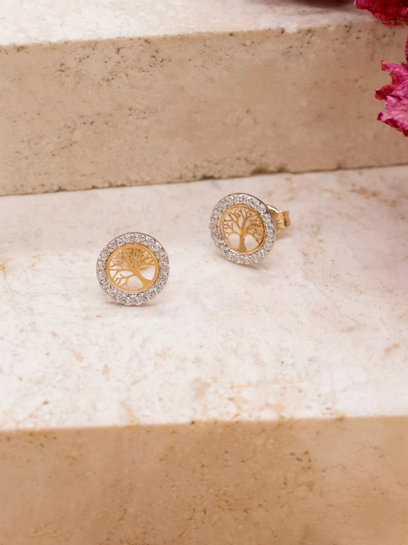 IBB gold stud earrings life tree cubic zirconia, imported from the UK