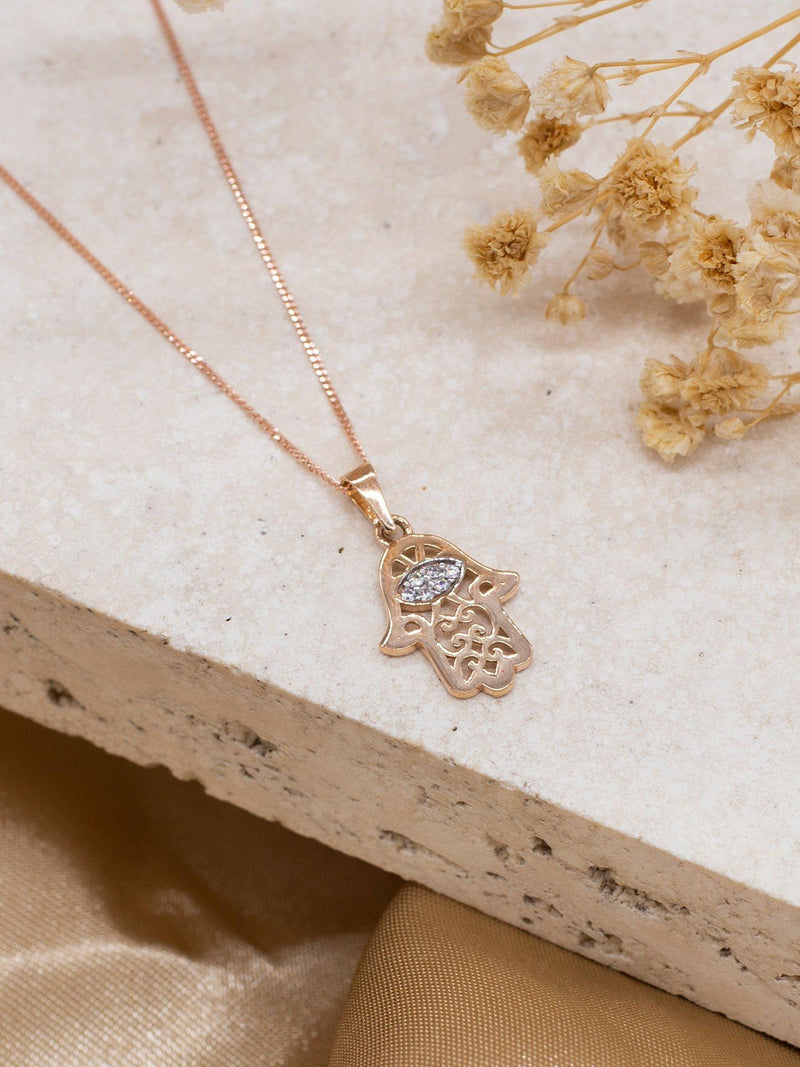 IBB Hamsa hand pendant 9ct gold cubic zirconia, imported from the UK