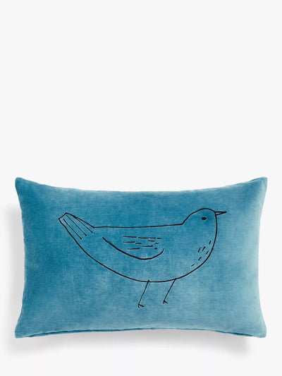 John Lewis Bird Embroidered Cotton Velvet Decorative Cushion, Fjord- Buy online at McGrocer